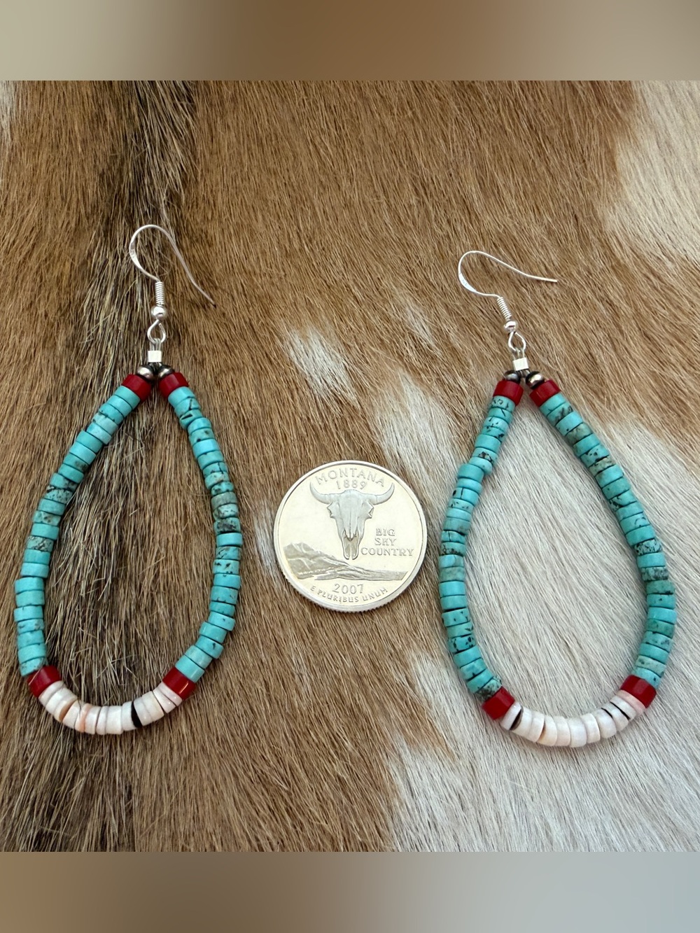 ❤️ Native American “S Duncan” Heishi Turquoise Coral Luhuanus Shell 925 Earrings - Picture 3 of 10
